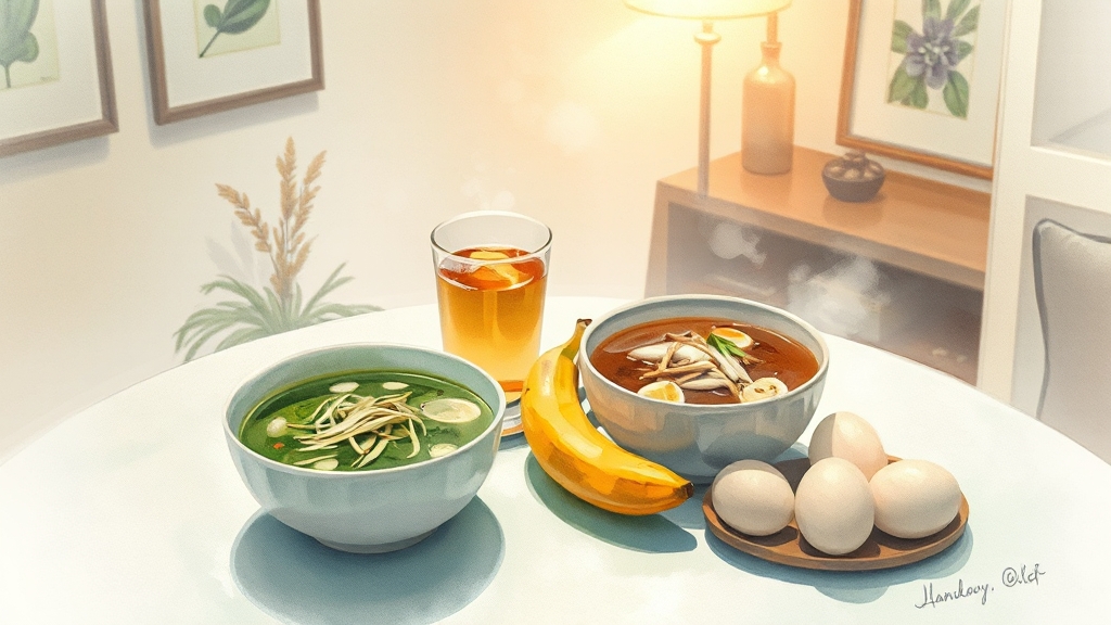 숙취 해소: 원인부터 빠른 회복법까지 완벽 가이드 4 숙취 해소 음식 & 음료 (watercolor 스타일)