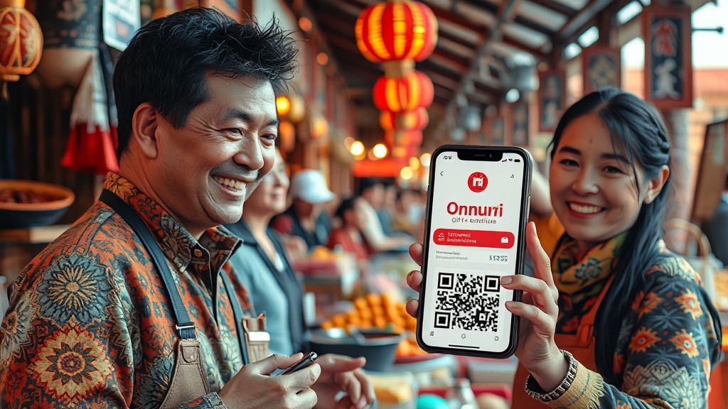 전통시장에서 디지털 온누리상품권 사용하기 (realistic 스타일)