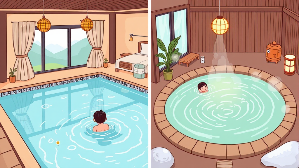 부곡온천 가족탕 숙소 완벽 가이드: BEST 4 비교 & 꿀팁, 주변 맛집까지! 5 객실, 온천, 부대시설 완벽 비교 (illustration 스타일)