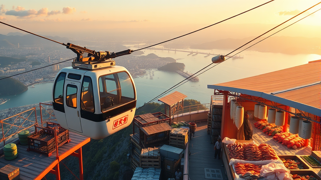 목포 해상케이블카 주변 관광지 추천: 유달산, 종합수산시장 (realistic 스타일)