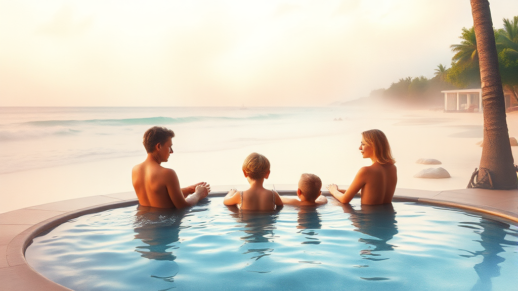 리조트의 매력: 프라이빗 비치부터 온센까지 (watercolor 스타일)